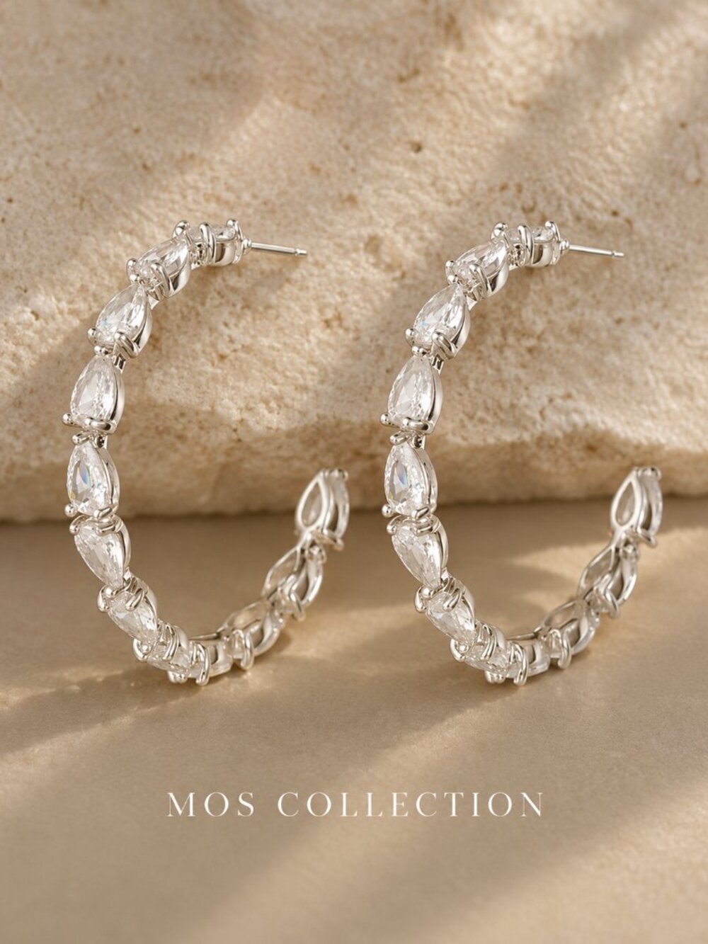 MOS 18K White Gold Teardrop Crystal Hoop Earrings Bridal Statement Jewelry